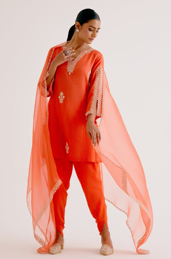 Orange Sequins Embroidered Dhoti Set