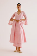 Pooja Hegde in Blush Pink Silk Chanderi Dori Embroidered Anarkali Set