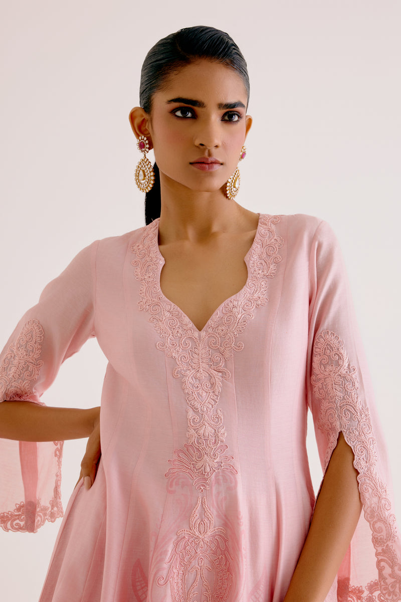 Pooja Hegde in Blush Pink Silk Chanderi Dori Embroidered Anarkali Set
