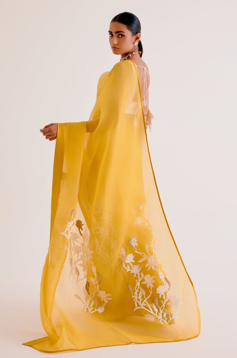 Mango Yellow Embroidered Silk Organza Saree