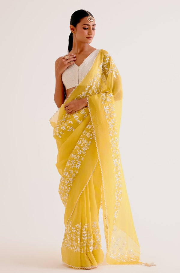 Yellow Silk Organza Saree