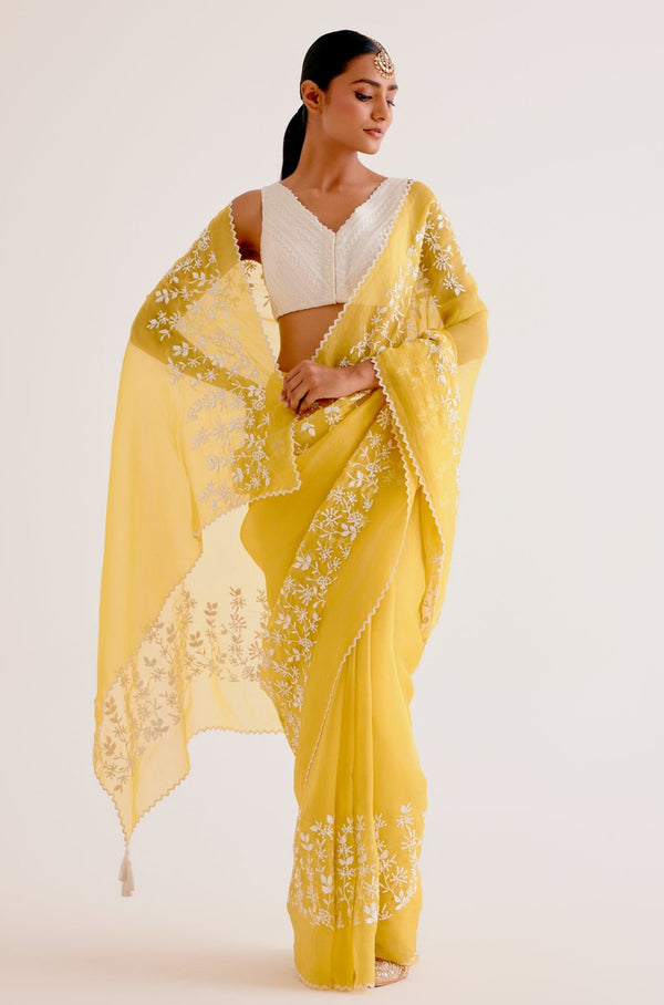 Yellow Silk Organza Saree