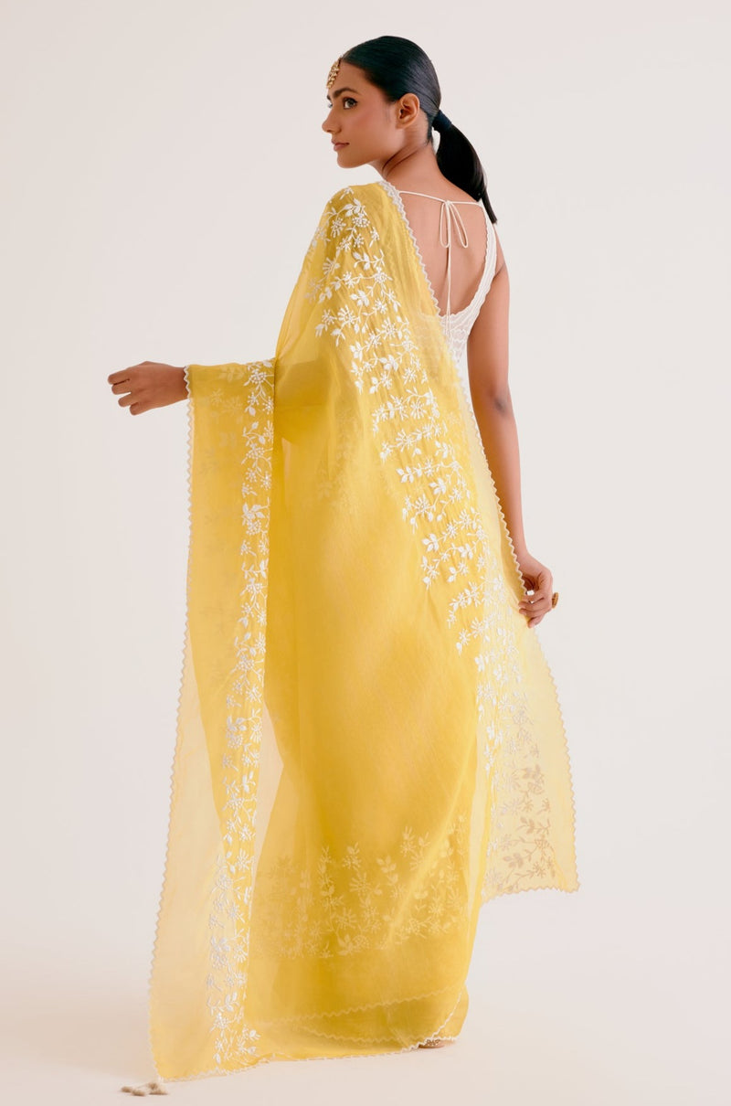Yellow Silk Organza Saree