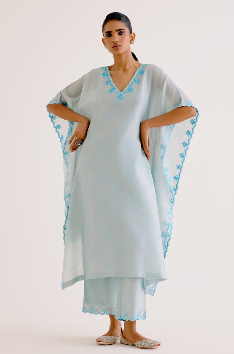 Sky Blue Silk Chanderi Dori Embroidered Kaftan Set (RTS)