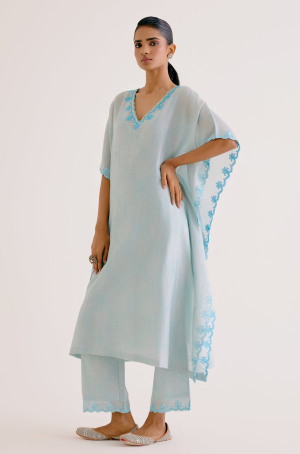 Sky Blue Silk Chanderi Dori Embroidered Kaftan Set (RTS)