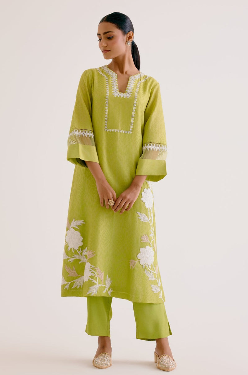 Green Embroidered Chanderi Kurta Set