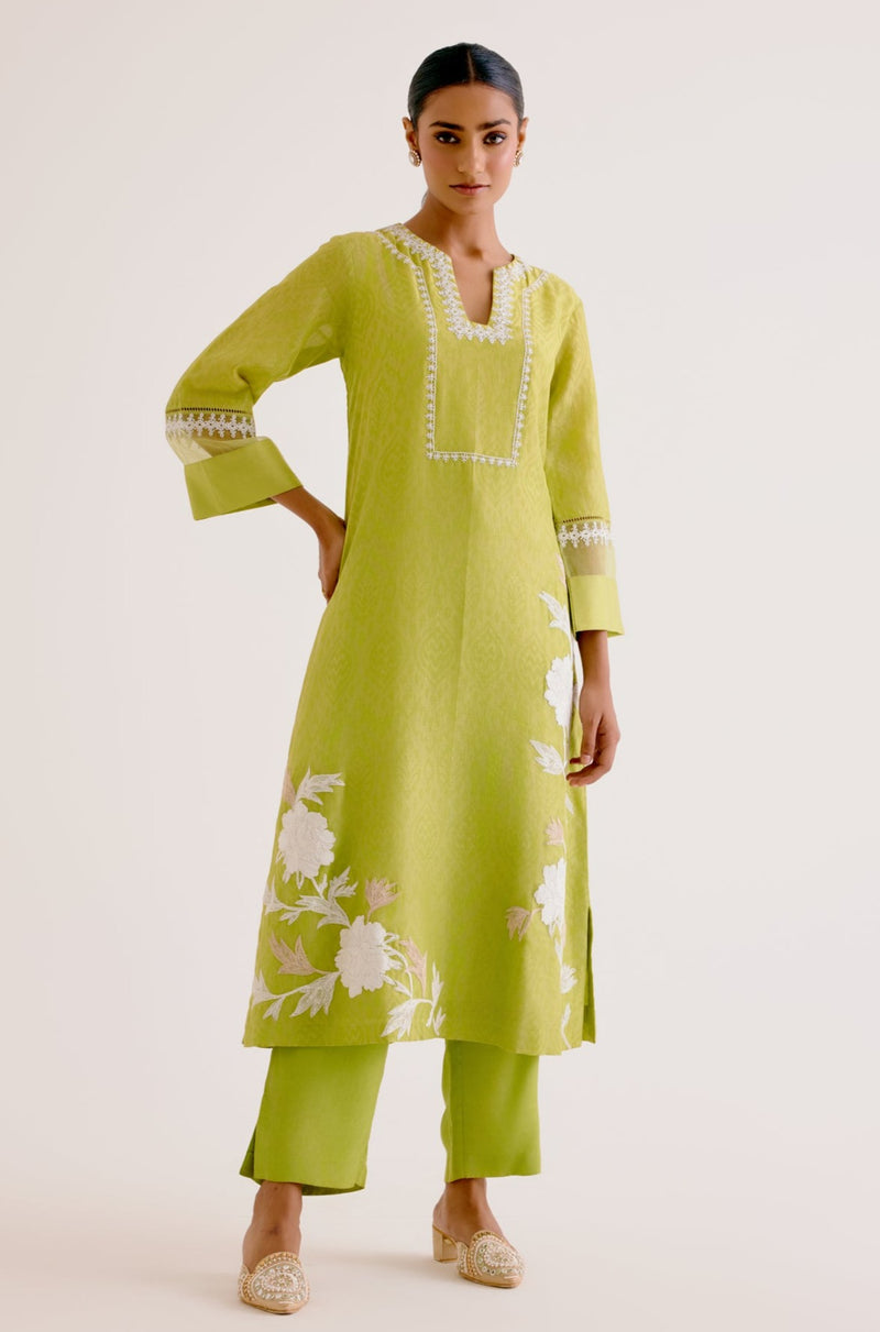 Green Embroidered Chanderi Kurta Set