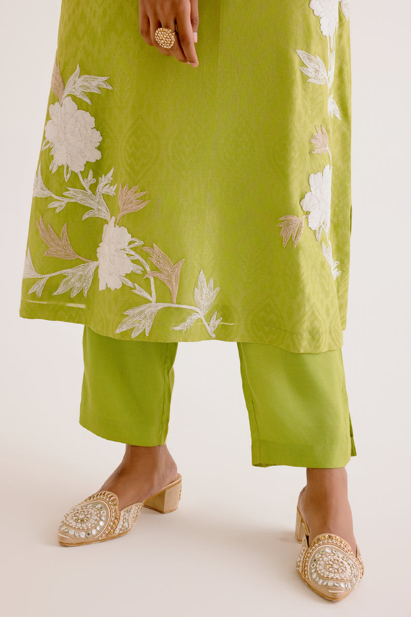 Green Embroidered Chanderi Kurta Set