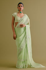 Pistachio Green Silk Organza Dori Embroidered Saree Set