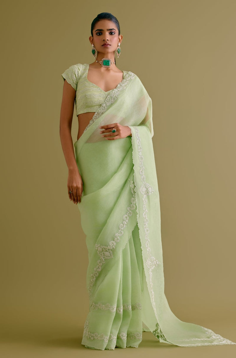 Janhvi Kapoor in Pistachio Green Silk Organza Dori Embroidered Saree Set