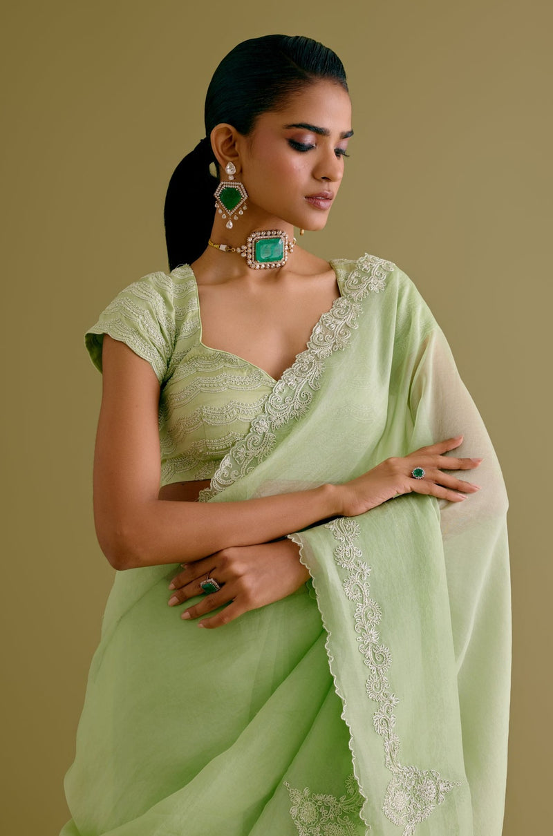 Janhvi Kapoor in Pistachio Green Silk Organza Dori Embroidered Saree Set