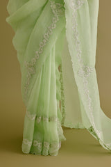 Pistachio Green Silk Organza Dori Embroidered Saree Set