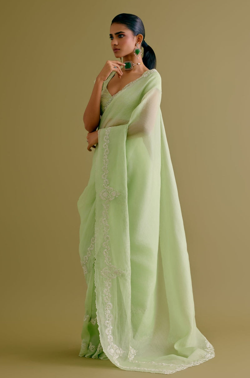 Janhvi Kapoor in Pistachio Green Silk Organza Dori Embroidered Saree Set