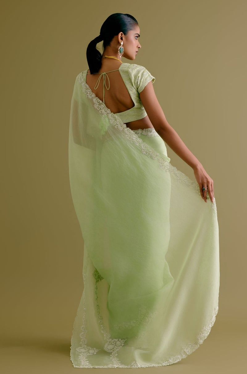 Janhvi Kapoor in Pistachio Green Silk Organza Dori Embroidered Saree Set