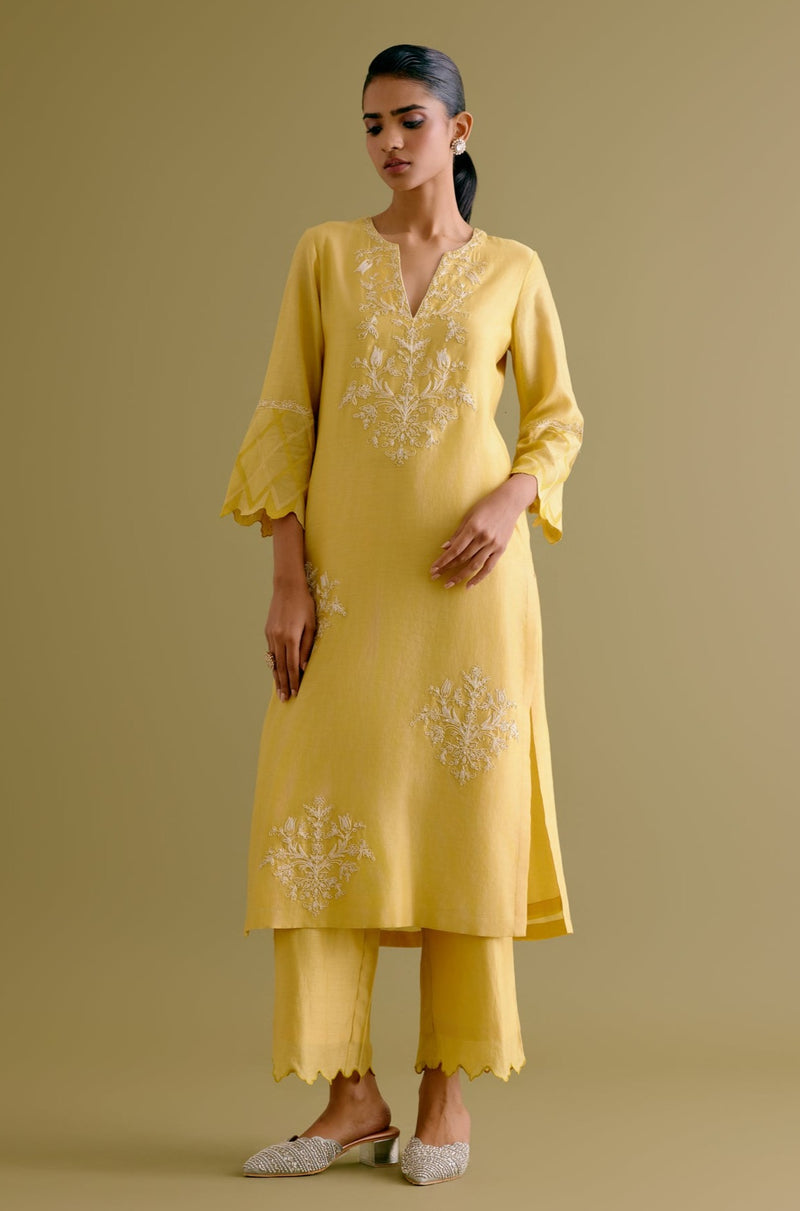 Rashmika Mandanna in Yellow Silk Chanderi Dori Embroidered Kurta Set