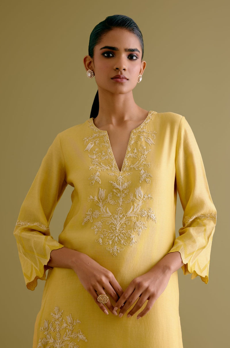 Rashmika Mandanna in Yellow Silk Chanderi Dori Embroidered Kurta Set