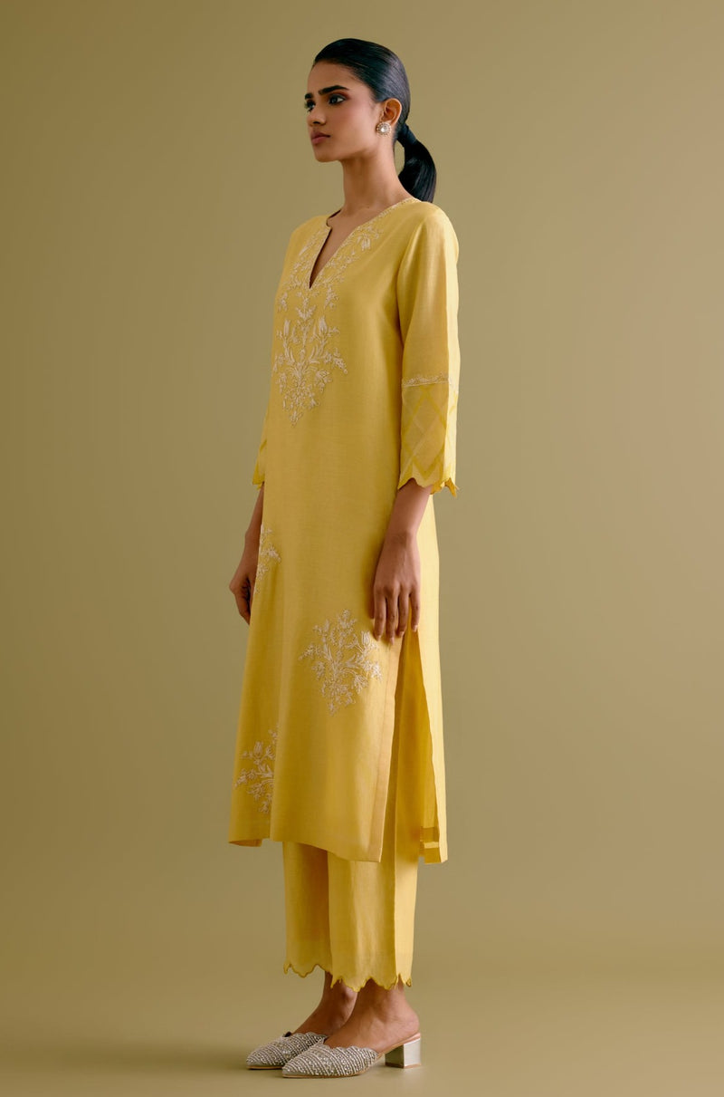 Rashmika Mandanna in Yellow Silk Chanderi Dori Embroidered Kurta Set