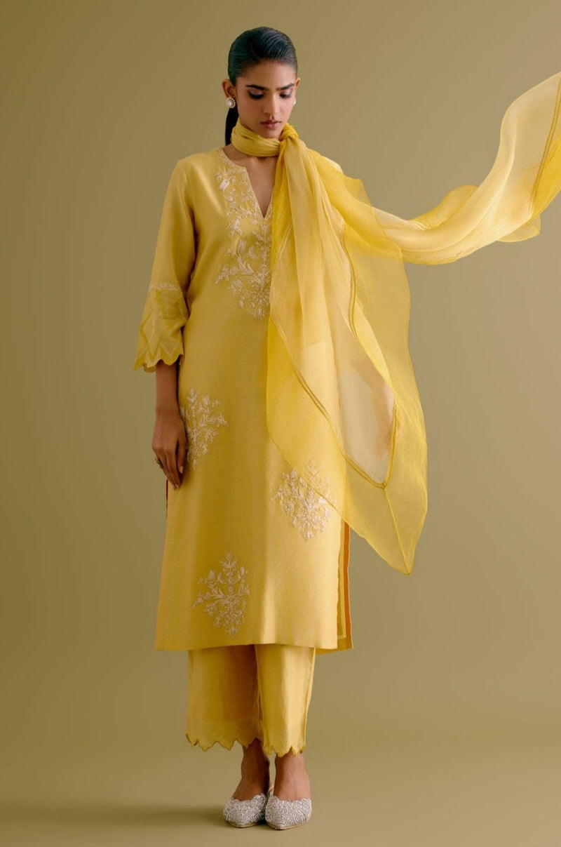 Rashmika Mandanna in Yellow Silk Chanderi Dori Embroidered Kurta Set