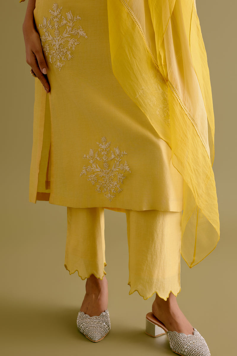Rashmika Mandanna in Yellow Silk Chanderi Dori Embroidered Kurta Set