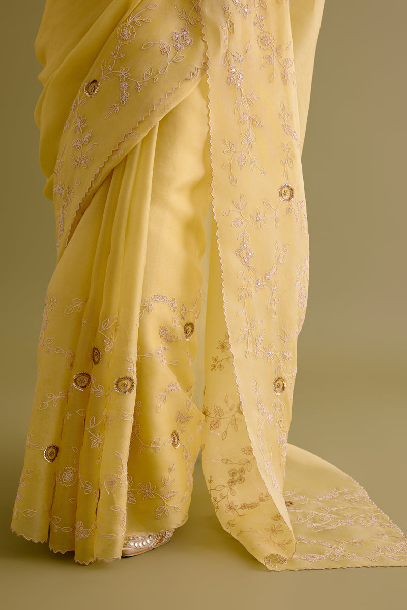 Yellow Embroidered Organza Saree