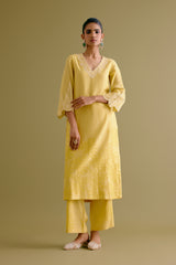 Yellow Silk Chanderi Dori Embroidered Kurta Set