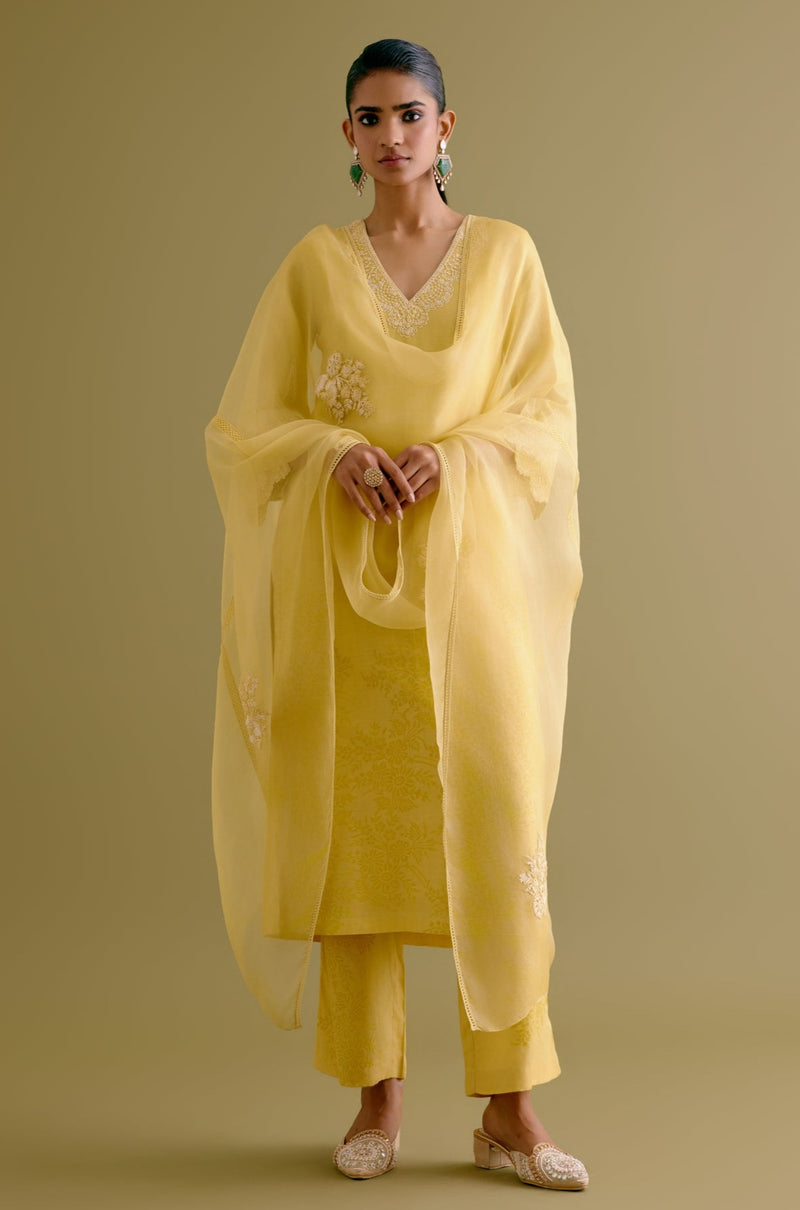 Yellow Silk Chanderi Dori Embroidered Kurta Set (RTS)