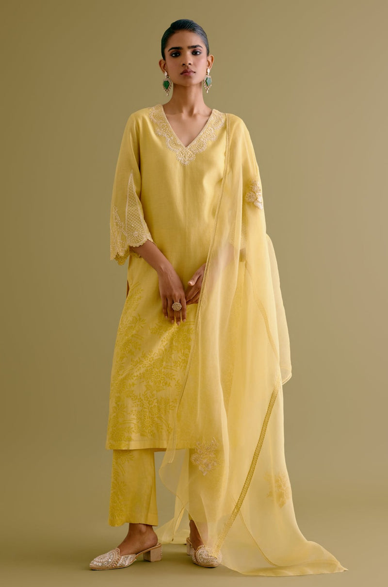 Yellow Silk Chanderi Dori Embroidered Kurta Set (RTS)
