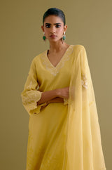 Yellow Silk Chanderi Dori Embroidered Kurta Set