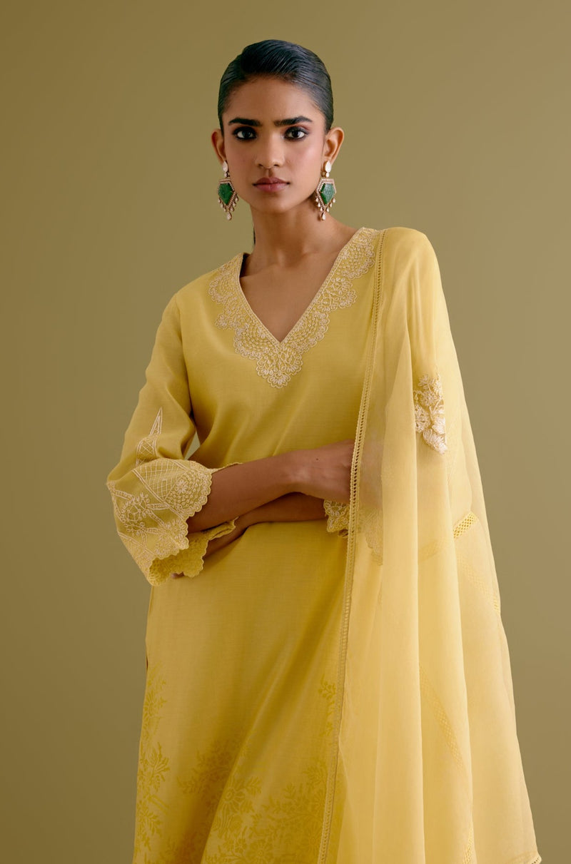 Yellow Silk Chanderi Dori Embroidered Kurta Set (RTS)