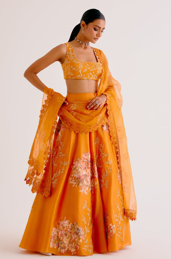 Orange Chanderi Hand Painted Lehenga Set