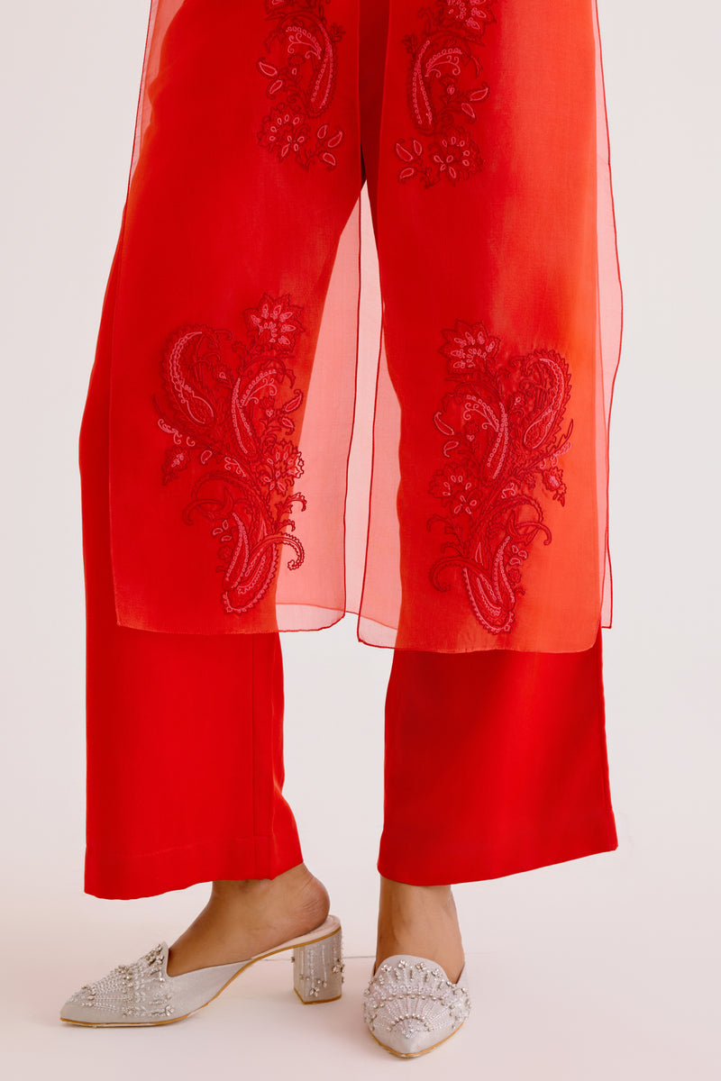 Red Embroidered Cape and Pant Set