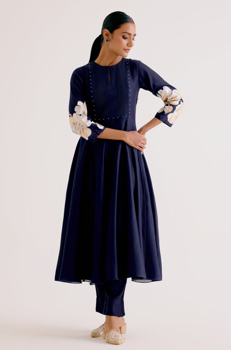 Navy Blue Cotton Silk Blend Hand-Painted Anarkali Set