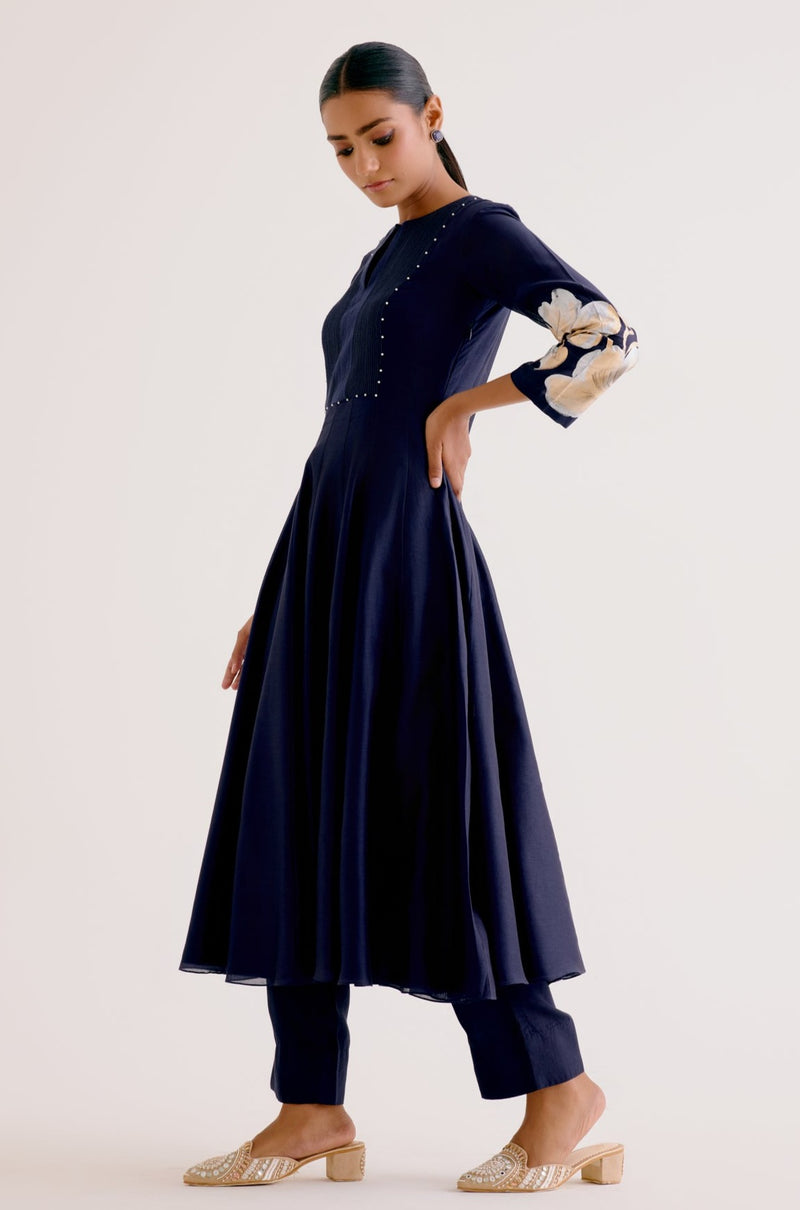 Devnaagri - Navy Blue Cotton Silk Blend Hand-Painted Anarkali Set Devnaagri - Navy Blue Cotton Silk Blend Hand-Painted Anarkali Set