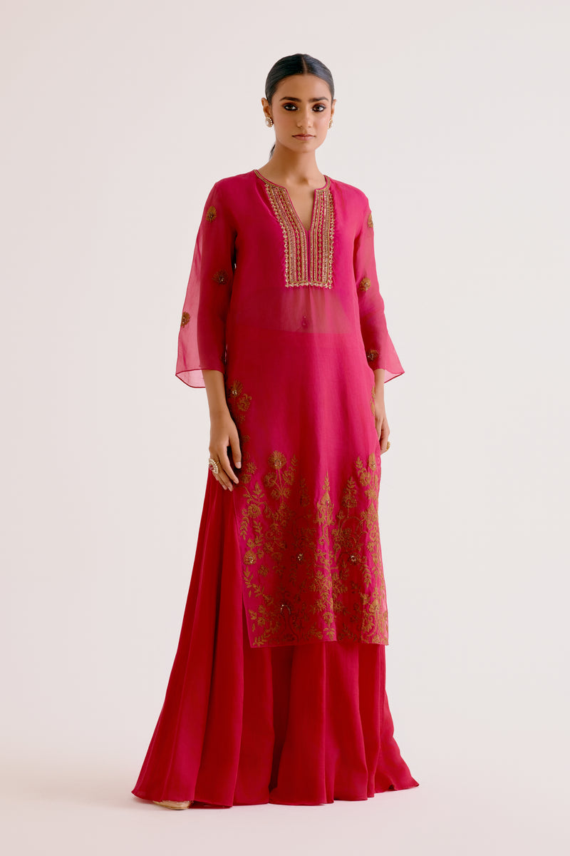 Fuchsia Pink Embroidered Silk Organza Sharara Set