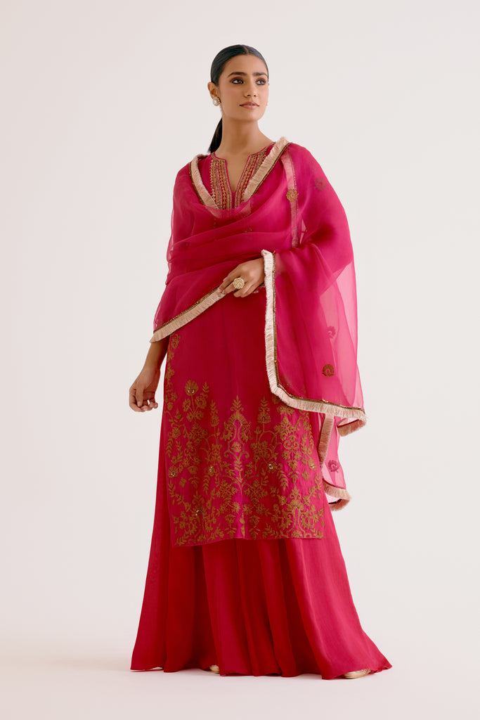 Fuchsia Pink Embroidered Silk Organza Sharara Set