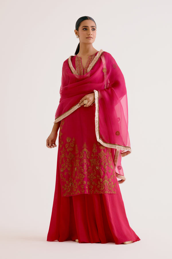 Sobhita Dhulipala in Fuchsia Pink Embroidered Silk Organza Sharara Set