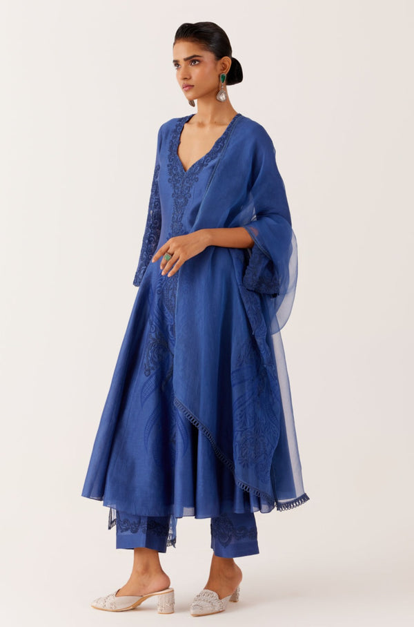 Royal Blue Silk Chanderi Dori Embroidered Anarkali Set