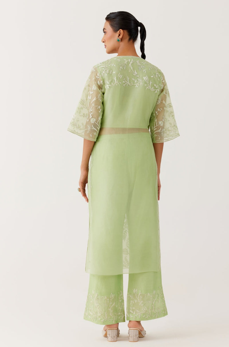 Pistachio Green Silk Organza Embroidered Kurta Set