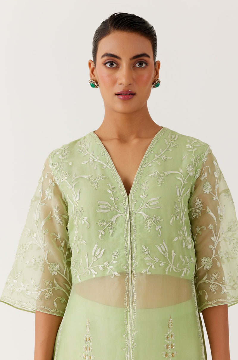 Pistachio Green Silk Organza Embroidered Kurta Set