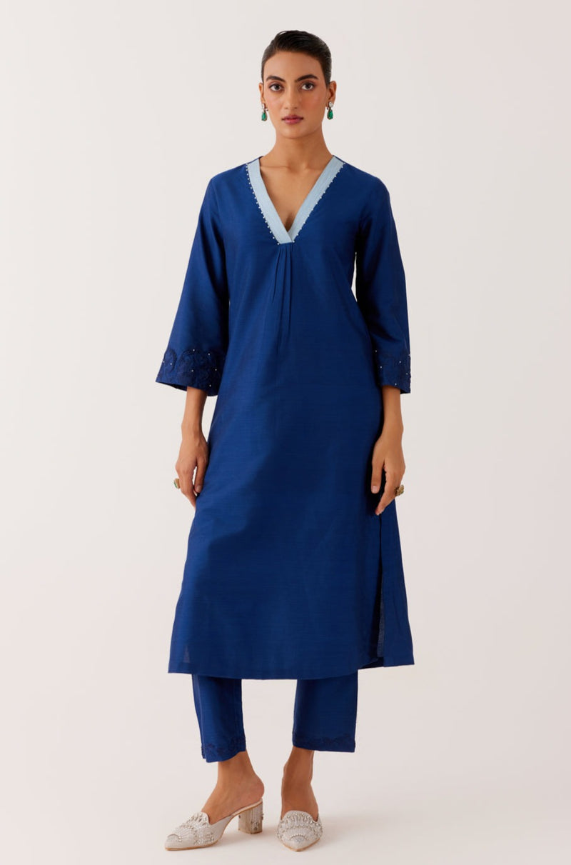 Royal Blue Cotton Silk Blend Dori Embroidered Kurta Set