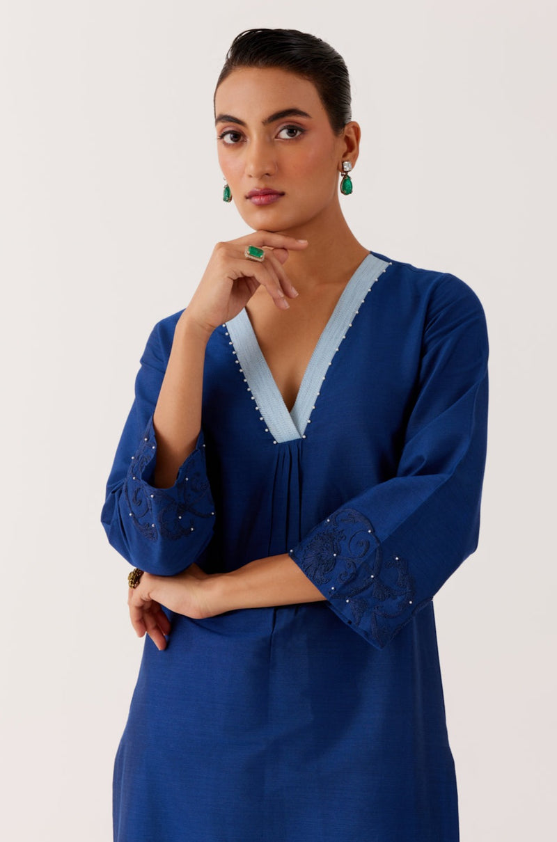Royal Blue Cotton Silk Blend Dori Embroidered Kurta Set
