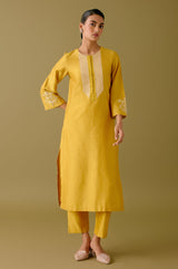 Yellow Cotton Silk Blend Dori Embroidered Kurta Set