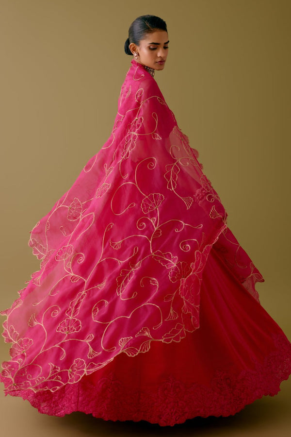 Fuchsia Pink Embroidered Silk Satin Lehenga