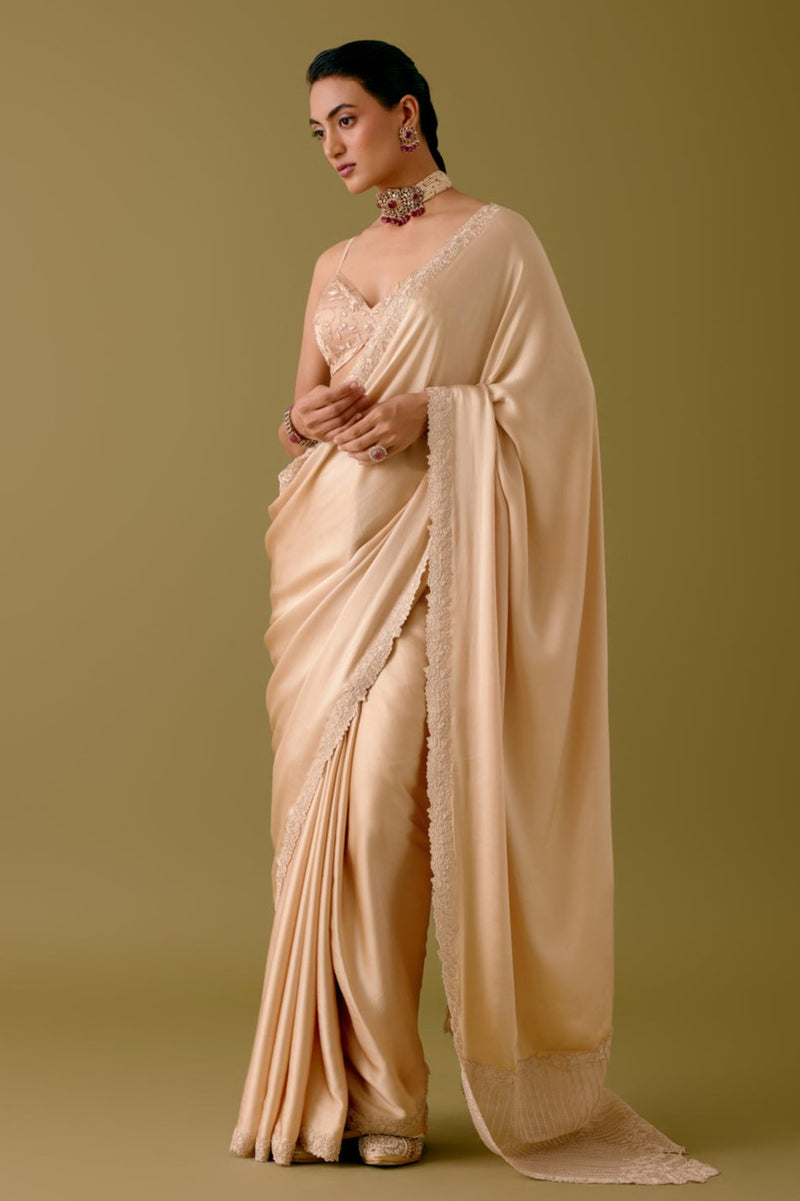 Natasha Luthra in Golden Beige Satin Organza Saree
