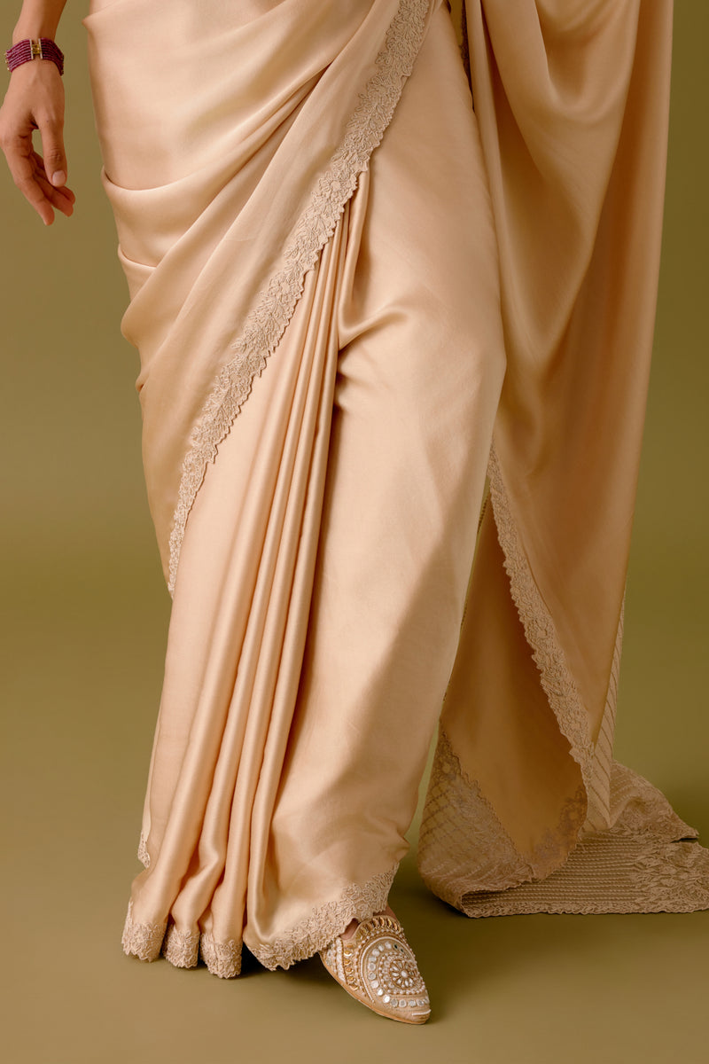 Natasha Luthra in Golden Beige Satin Organza Saree