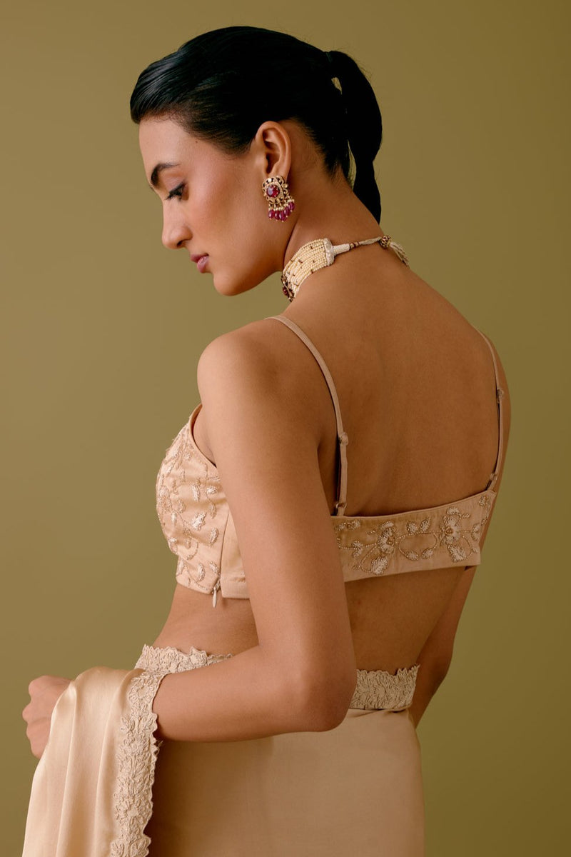 Natasha Luthra in Golden Beige Satin Organza Saree