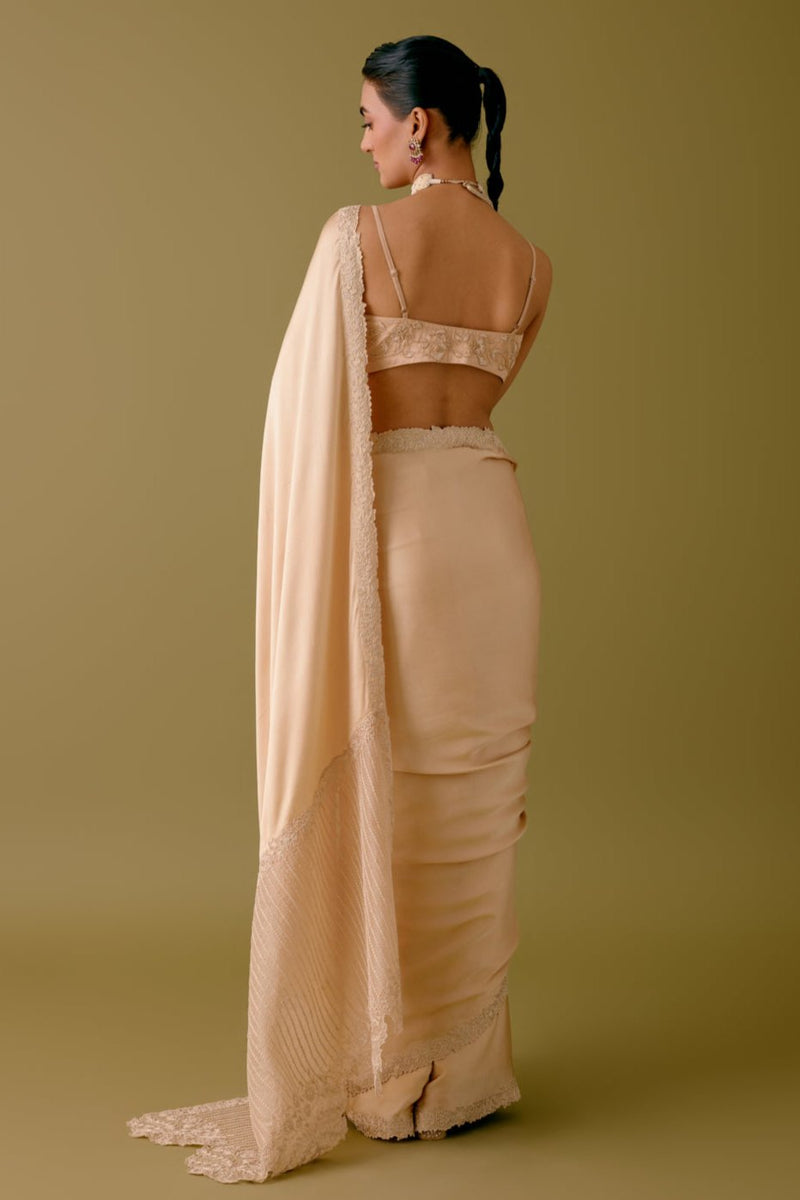 Natasha Luthra in Golden Beige Satin Organza Saree