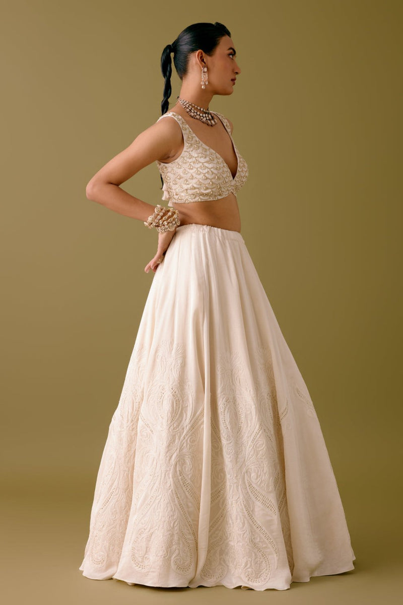 Ivory Embroidered Silk Satin Lehenga