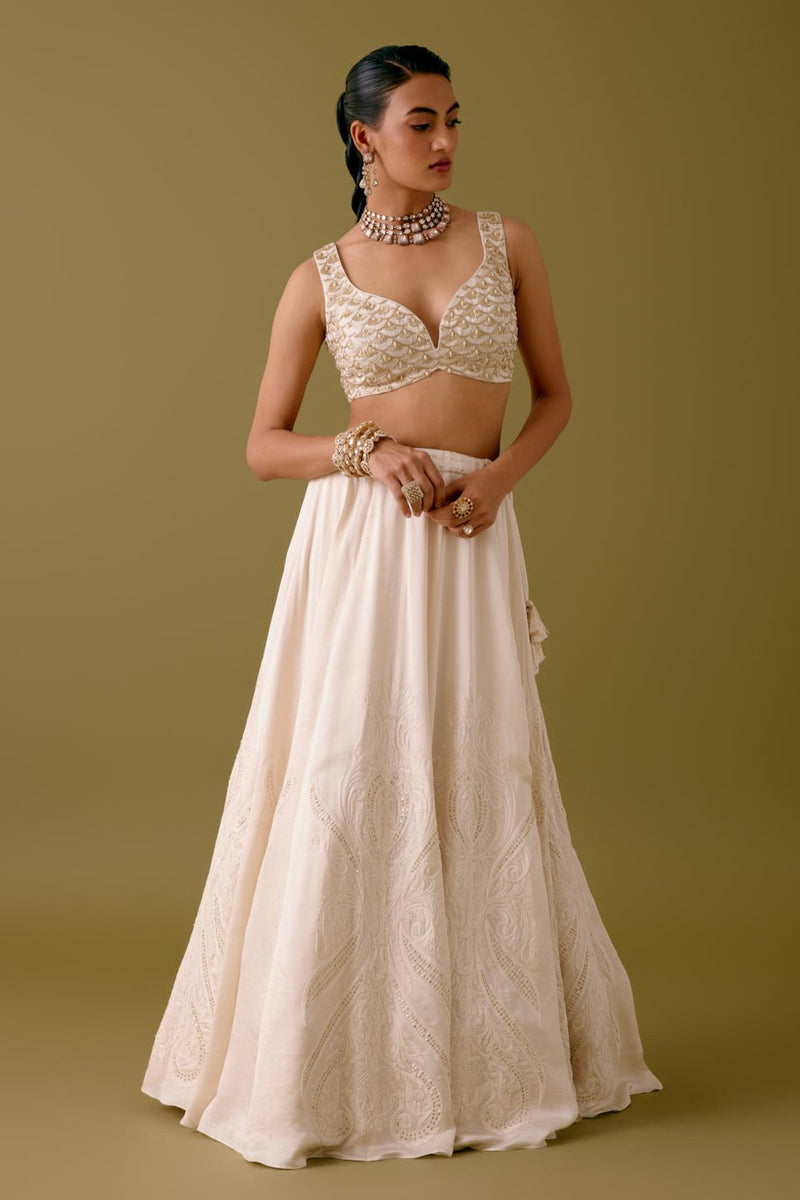 Ivory Embroidered Silk Satin Lehenga