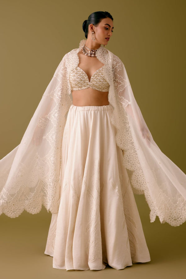 Ivory Embroidered Silk Satin Lehenga